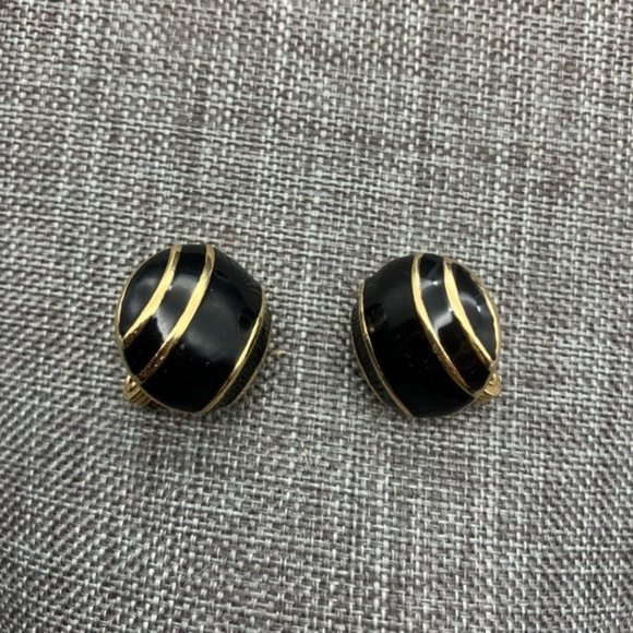 Monet Clip On Earrings Black Enamel Gold Stripe Round Domed Retro Vintage Granny - Picture 2 of 7